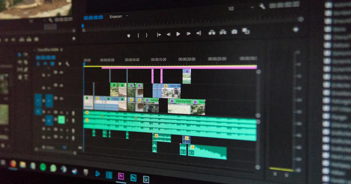 Close-up of a video editing timeline interface on a computer screen, showcasing professional software in action.