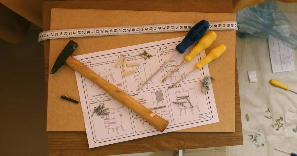 Hammer, screwdrivers, and instructions for assembling furniture. Perfect for DIY enthusiasts.