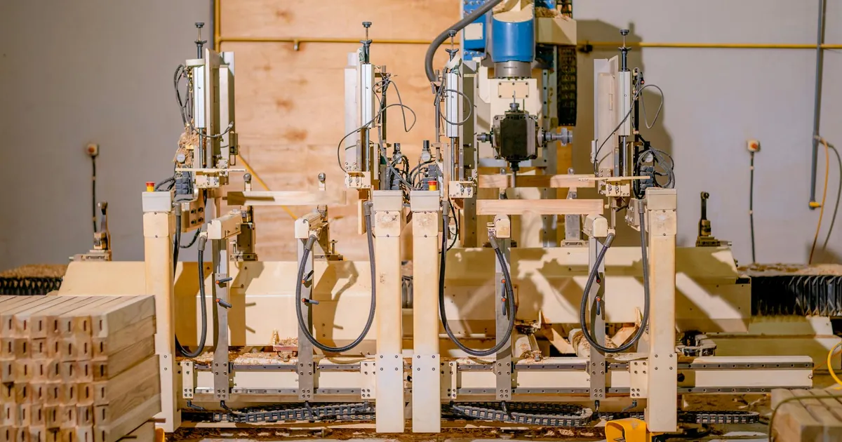 View of a complex woodworking machine in a factory setting, showcasing precision engineering and technology.