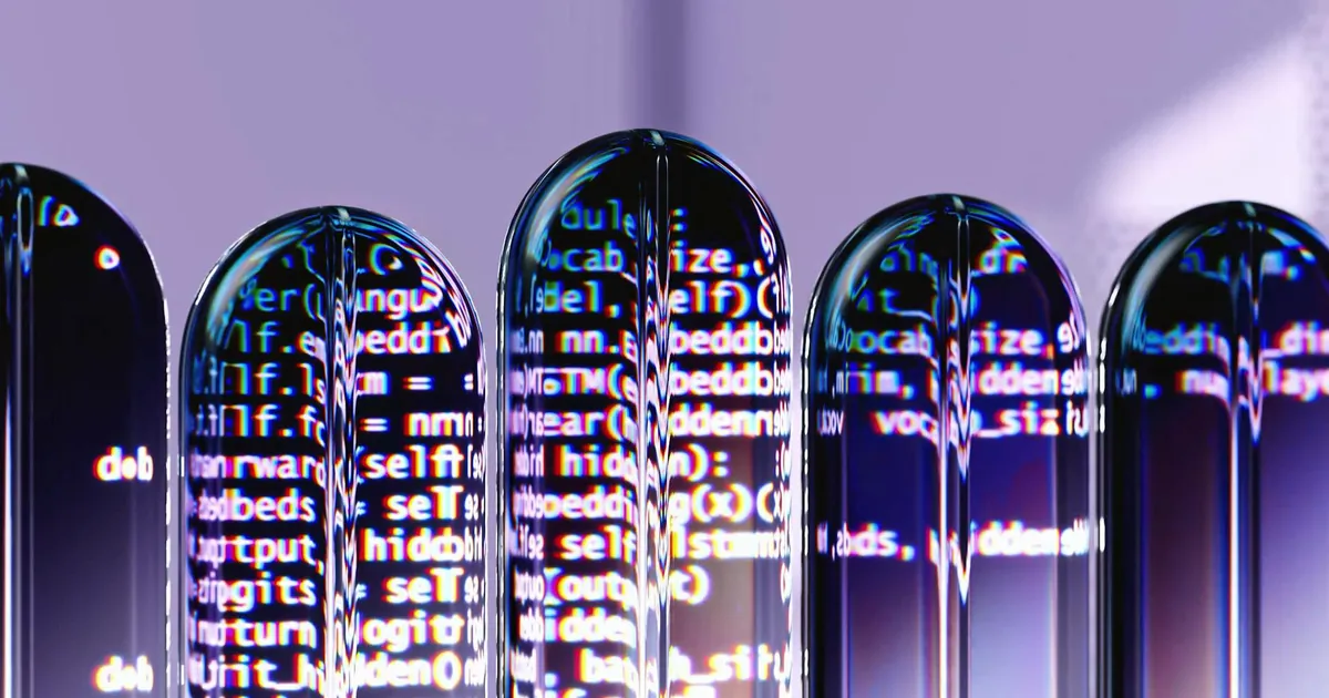 Colorful 3D render showcasing AI and programming with reflective abstract visuals.