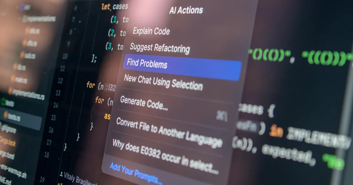 Close-up of AI-assisted coding with menu options for debugging and problem-solving.